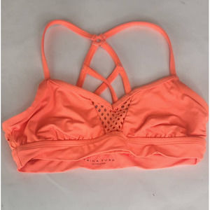 Trina Turk Recreation Laser Cut Mesh Sports Bra Strappy XS Neon Coral Orange